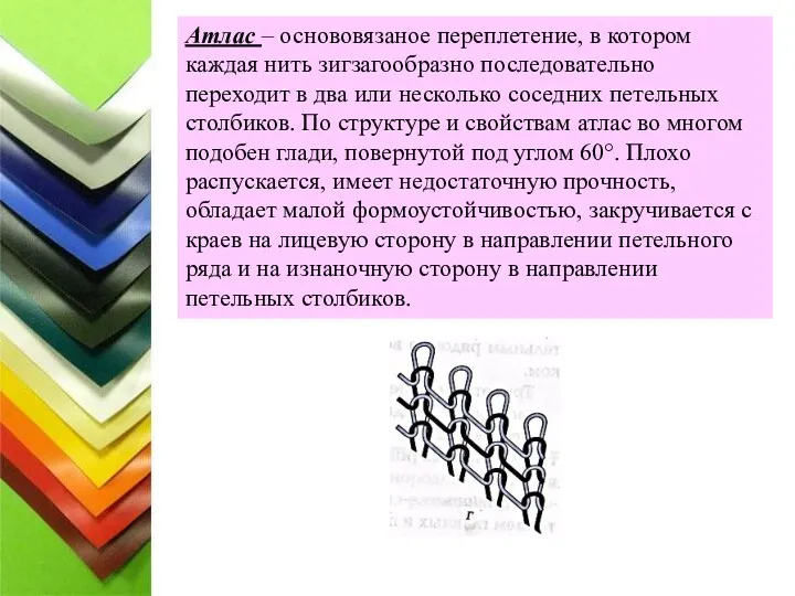 Атлас – основовязаное переплетение, в котором каждая нить зигзагообразно последовательно