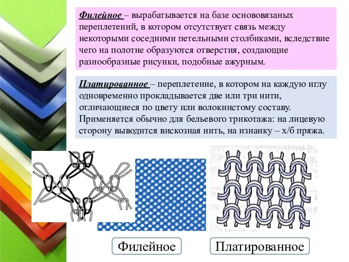 Филейное – вырабатывается на базе основовязаных переплетений, в котором отсутствует