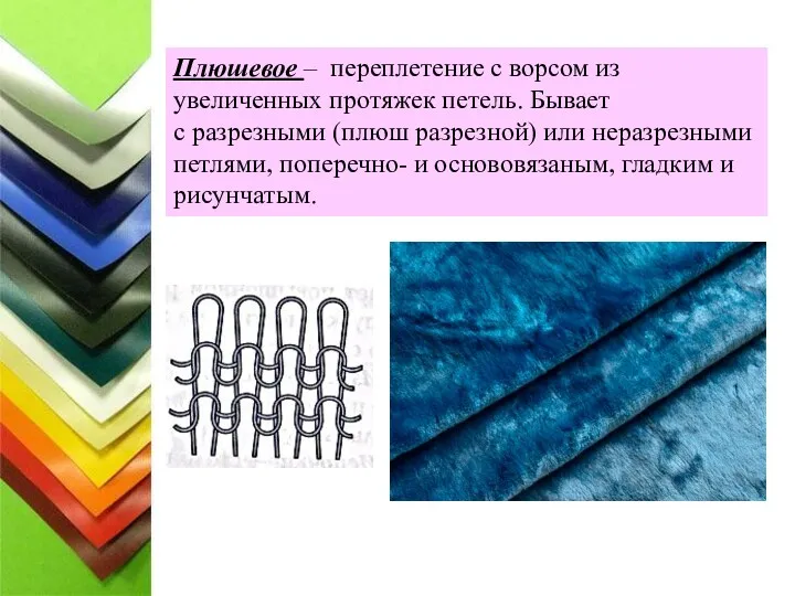 Плюшевое – переплетение с ворсом из увеличенных протяжек петель. Бывает