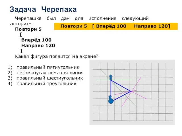 Черепашке был дан для исполнения следующий алгоритм: Повтори 5 [