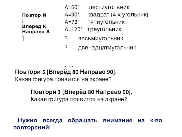 Повтор N [ Вперед К Направо A ] Повтори 5