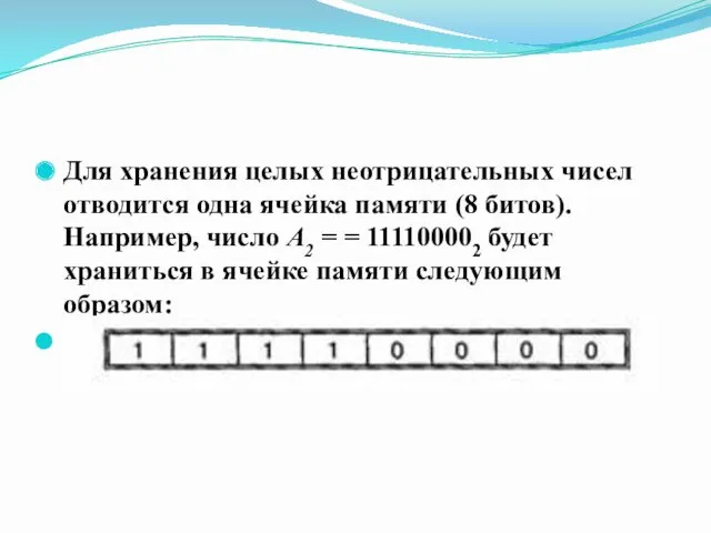 Для хранения целых неотрицательных чисел отводится одна ячейка памяти (8