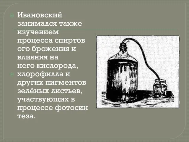 Ивановский занимался также изучением процесса спиртового брожения и влияния на него кислорода, хлорофилла