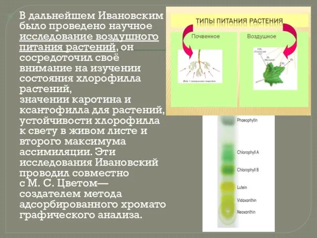 В дальнейшем Ивановским было проведено научное исследование воздушного питания растений, он сосредоточил своё