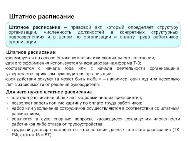 Штатное расписание Штатное расписание: формируется на основе Устава компании или