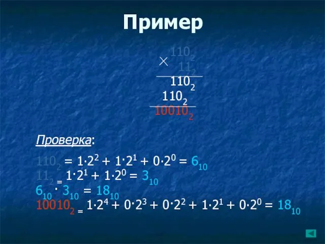 Пример 1102 112 1102 1102 100102 Проверка: 1102 = 1∙22