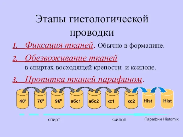 Этапы гистологической проводки 1. Фиксация тканей. Обычно в формалине. 2.