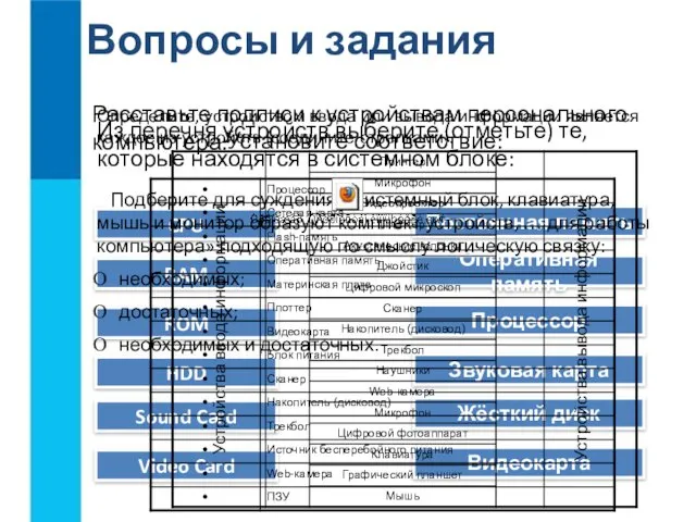 Вопросы и задания Установите соответствие: CPU RAM ROM HDD Sound