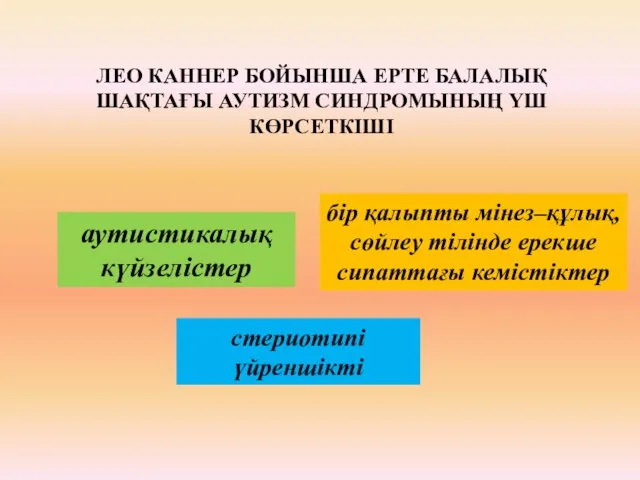 ЛЕО КАННЕР БОЙЫНША ЕРТЕ БАЛАЛЫҚ ШАҚТАҒЫ АУТИЗМ СИНДРОМЫНЫҢ ҮШ КӨРСЕТКІШІ аутистикалық күйзелістер стериотипі