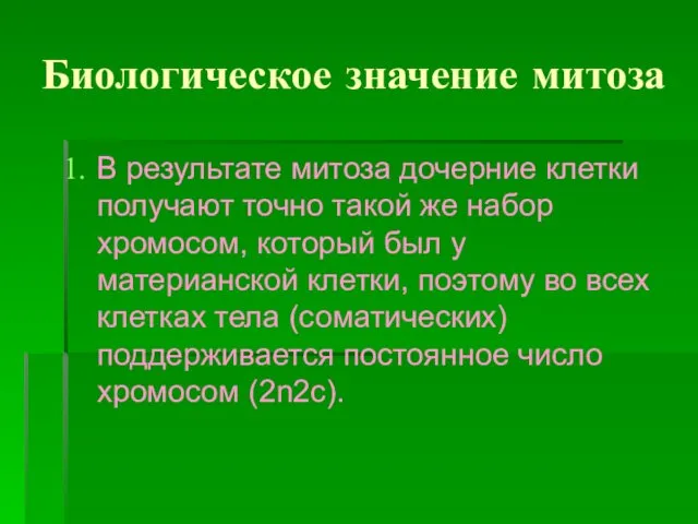 Биологическое значение митоза В результате митоза дочерние клетки получают точно