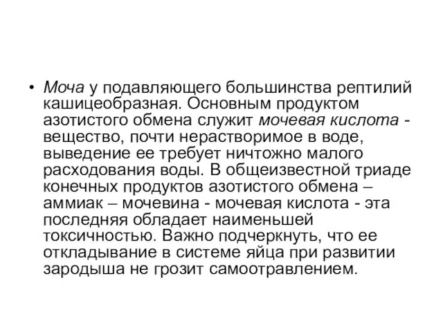 Моча у подавляющего большинства рептилий кашицеобразная. Основным продуктом азотистого обмена