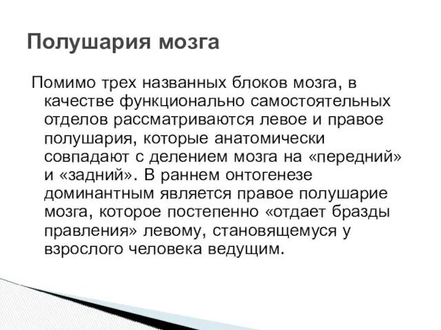 Помимо трех названных блоков мозга, в качестве функционально самостоятельных отделов рассматриваются левое и