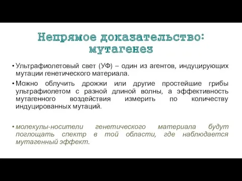 Непрямое доказательство: мутагенез Ультрафиолетовый свет (УФ) – один из агентов,