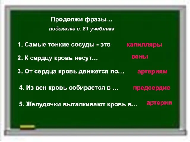 Продолжи фразы… подсказка с. 81 учебника 1. Самые тонкие сосуды