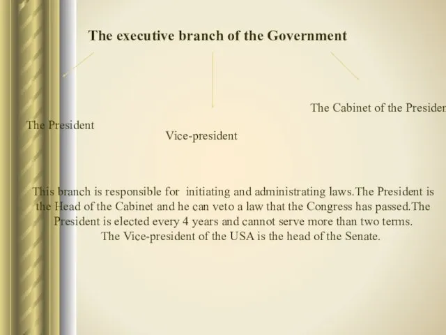 The executive branch of the Government The President Vice-president The Cabinet of the