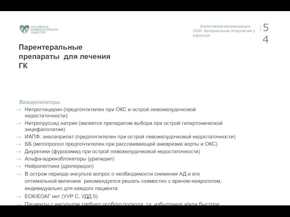 Клинические рекомендации. 2020 Артериальная гипертензия у взрослых 54 Парентеральные препараты