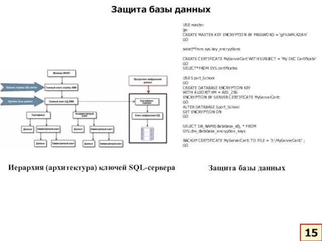 Защита базы данных Иерархия (архитектура) ключей SQL-сервера Защита базы данных