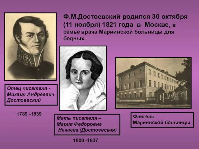 Флигель Мариинской больницы Отец писателя - Михаил Андреевич Достоевский Ф.М.Достоевский