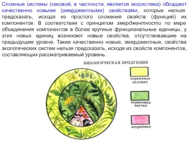 Сложные системы (каковой, в частности, является экосистема) обладают качественно новыми