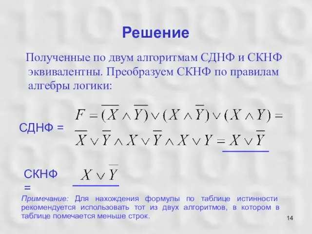 Решение Полученные по двум алгоритмам СДНФ и СКНФ эквивалентны. Преобразуем