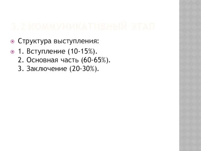 3.2 КОММУНИКАТИВНЫЙ ЭТАП Структура выступления: 1. Вступление (10-15%). 2. Основная часть (60-65%). 3. Заключение (20-30%).