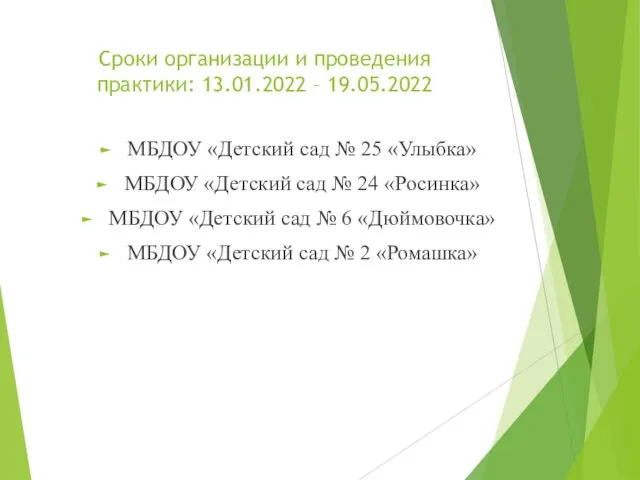 Сроки организации и проведения практики: 13.01.2022 – 19.05.2022 МБДОУ «Детский