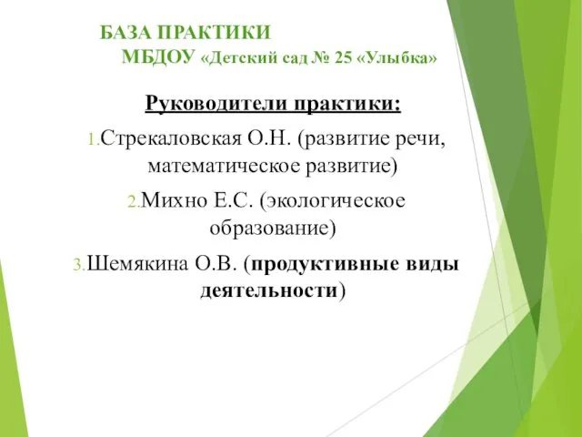 БАЗА ПРАКТИКИ МБДОУ «Детский сад № 25 «Улыбка» Руководители практики: