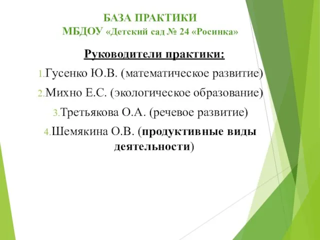 БАЗА ПРАКТИКИ МБДОУ «Детский сад № 24 «Росинка» Руководители практики: