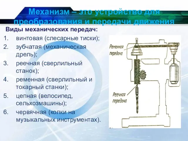 Механизм – это устройство для преобразования и передачи движения Виды