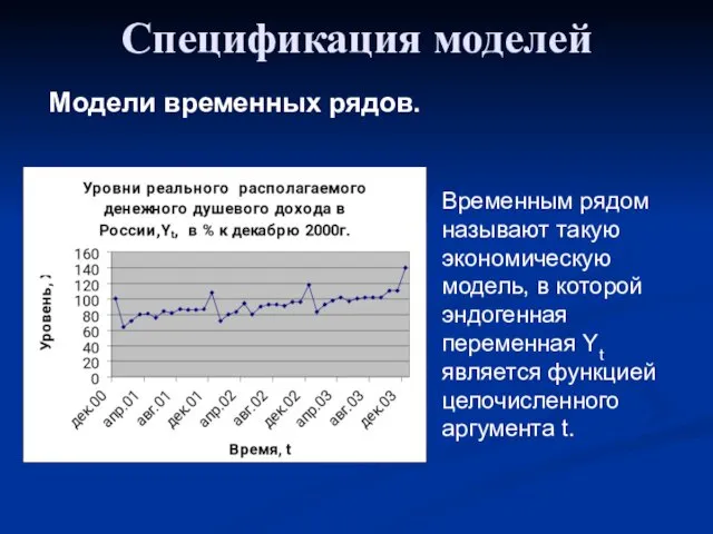 Спецификация моделей Модели временных рядов. Временным рядом называют такую экономическую