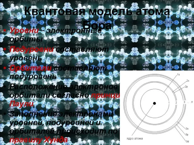 Квантовая модель атома Бора Уровни – электронные орбиты Подуровни составляют