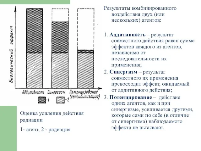 Оценка усиления действия радиации 1- агент, 2 - радиация Оценка