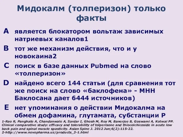 Мидокалм (толперизон) только факты является блокатором вольтаж зависимых натриевых каналов1