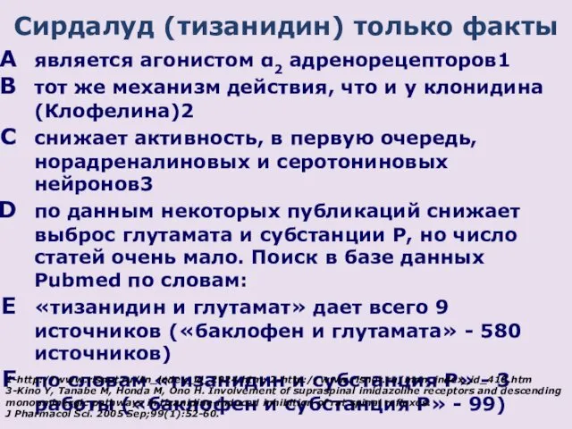 Сирдалуд (тизанидин) только факты является агонистом α2 адренорецепторов1 тот же