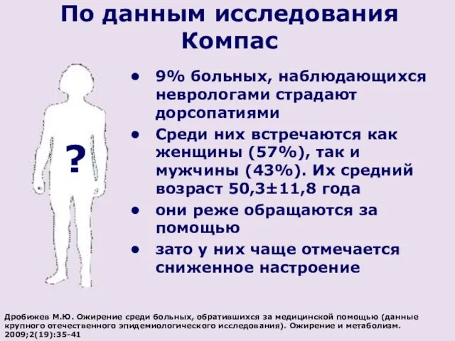 По данным исследования Компас 9% больных, наблюдающихся неврологами страдают дорсопатиями