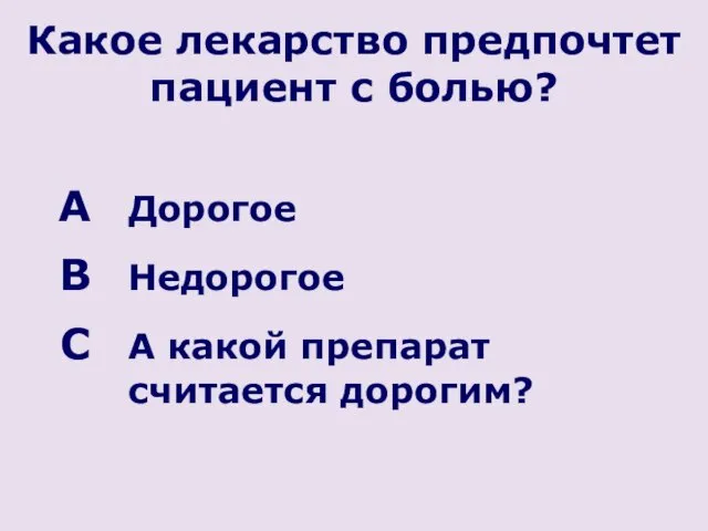 Какое лекарство предпочтет пациент с болью? Дорогое Недорогое А какой препарат считается дорогим?