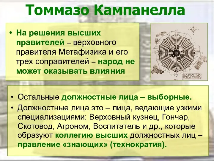 Томмазо Кампанелла Остальные должностные лица – выборные. Должностные лица это