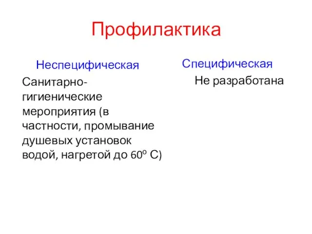 Профилактика Неспецифическая Санитарно-гигиенические мероприятия (в частности, промывание душевых установок водой,