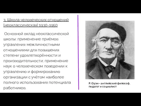 3. Школа человеческих отношений (неоклассическая) 1930-1950 Основной вклад неоклассической школы: