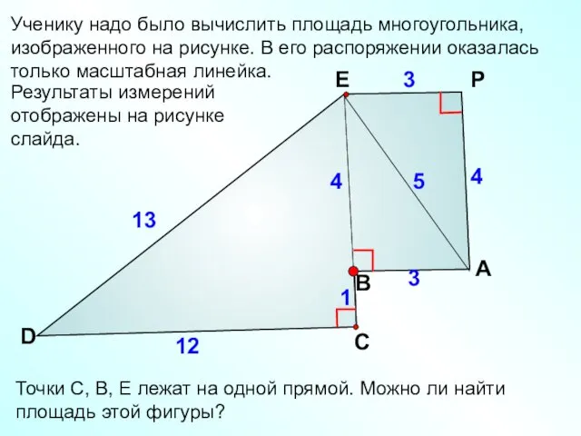 13 Ученику надо было вычислить площадь многоугольника, изображенного на рисунке. В его распоряжении