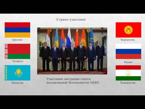 Страны-участники Армения Беларусь Казахстан Кыргызстан Россия Таджикистан Участники заседания совета коллективной безопасности ОДКБ.