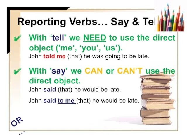 Reporting Verbs… Say & Tell With ‘tell' we NEED to