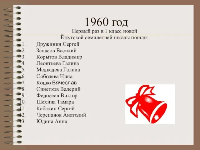 1960 год Первый раз в 1 класс новой Ёжугской семилетней