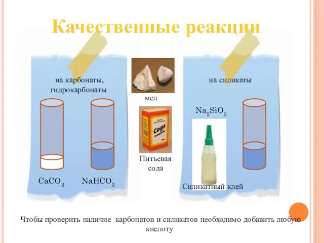 Качественные реакции Чтобы проверить наличие карбонатов и силикатов необходимо добавить любую кислоту