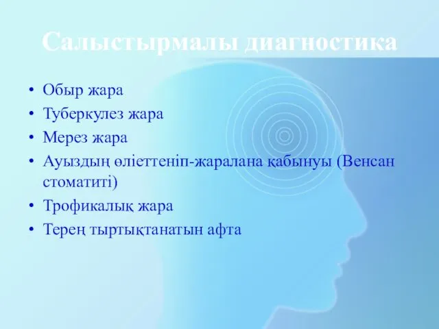 Салыстырмалы диагностика Обыр жара Туберкулез жара Мерез жара Ауыздың өліеттеніп-жаралана