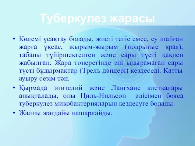 Туберкулез жарасы Көлемі ұсақтау болады, жиегі тегіс емес, су шайған