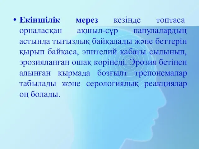 Екіншілік мерез кезінде топтаса орналасқан ақшыл-сұр папулалардың астында тығыздық байқалады