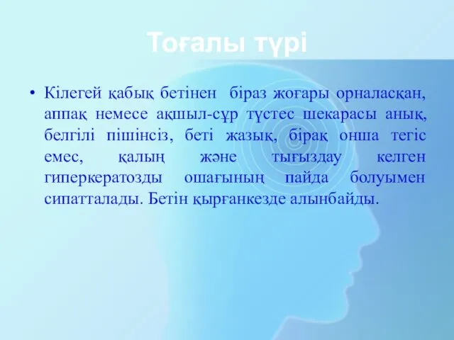 Тоғалы түрі Кілегей қабық бетінен біраз жоғары орналасқан, аппақ немесе