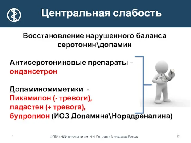 * Центральная слабость Восстановление нарушенного баланса серотонин\допамин Антисеротониновые препараты –