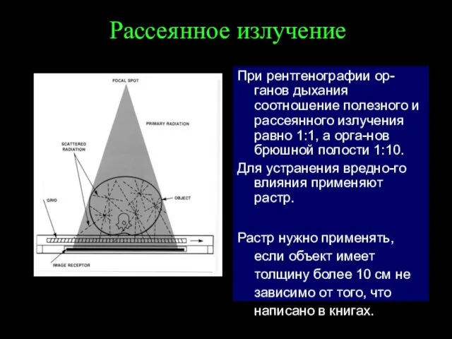 Рассеянное излучение При рентгенографии ор-ганов дыхания соотношение полезного и рассеянного излучения равно 1:1,